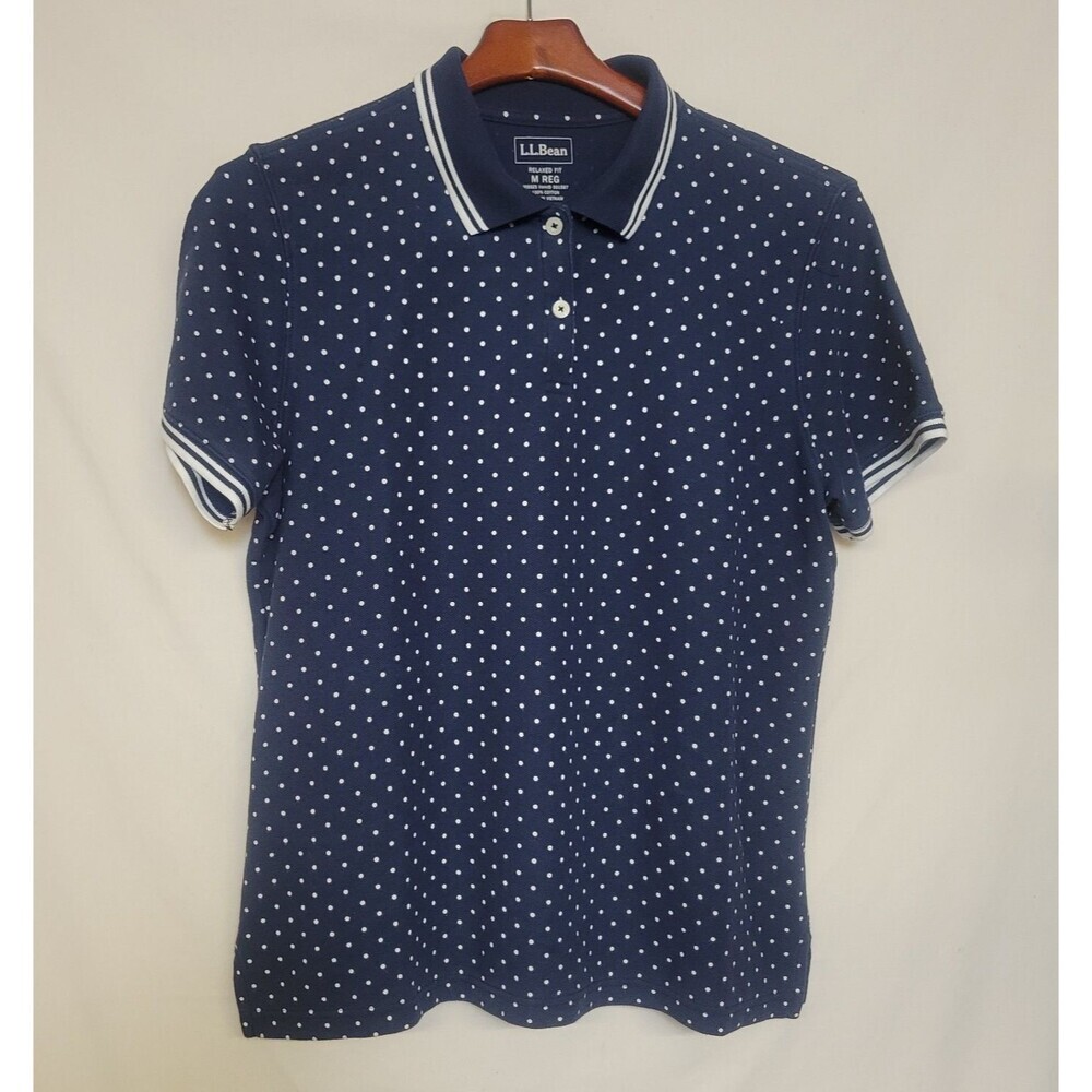 LL Bean Size M Misses Short Sleeve Polo Shirt Relaxed Fit Polka Dots Size